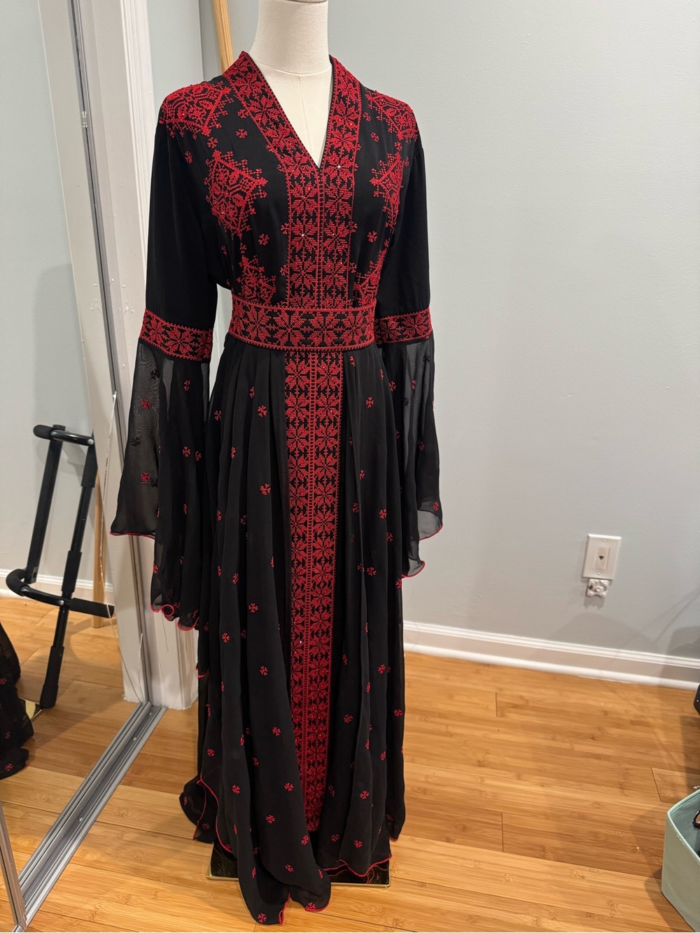 Black Maxi Dress with Red Embroidered Accents